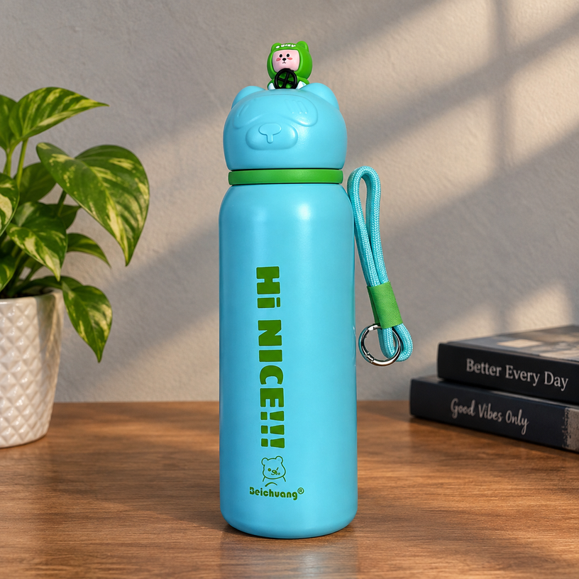 Cute Cartoon Kids Water Bottle with Strap – Blue, Leak-Resistant Reusable Drinking Bottle