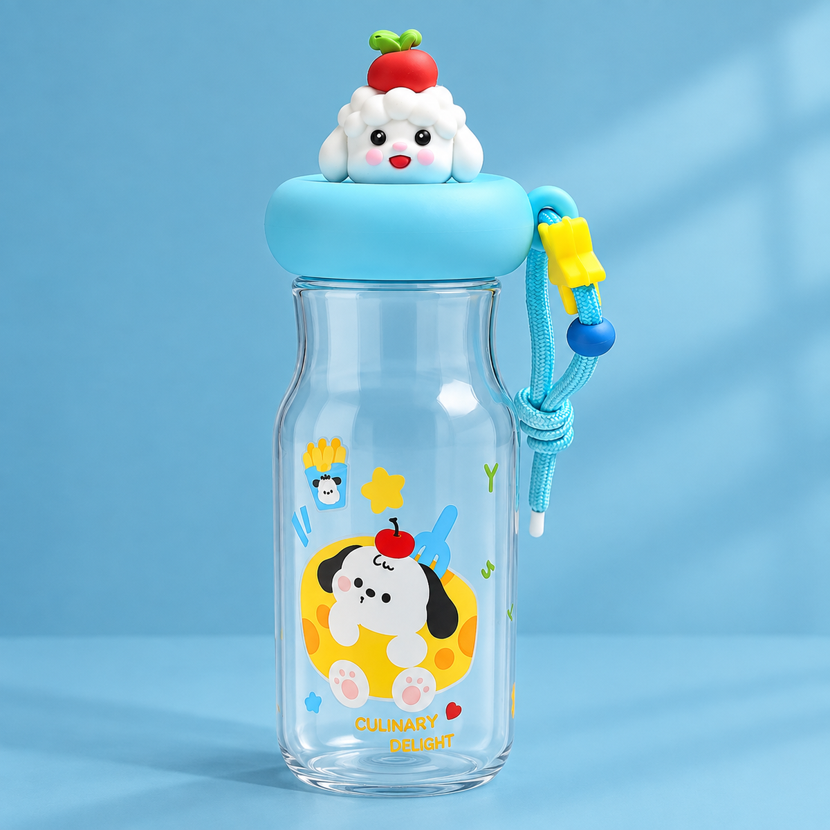 Cute Cartoon Kids Water Bottle with Character Cap & Carrying Strap – Transparent Blue