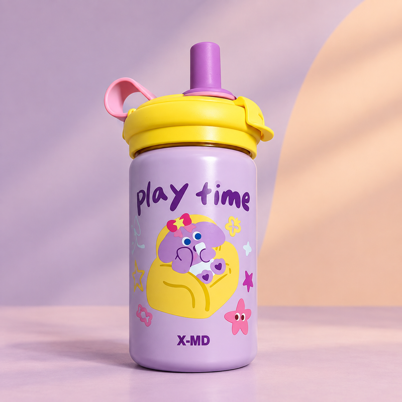Cute Kids Water Bottle with Straw & Cartoon Elephant Design – Purple