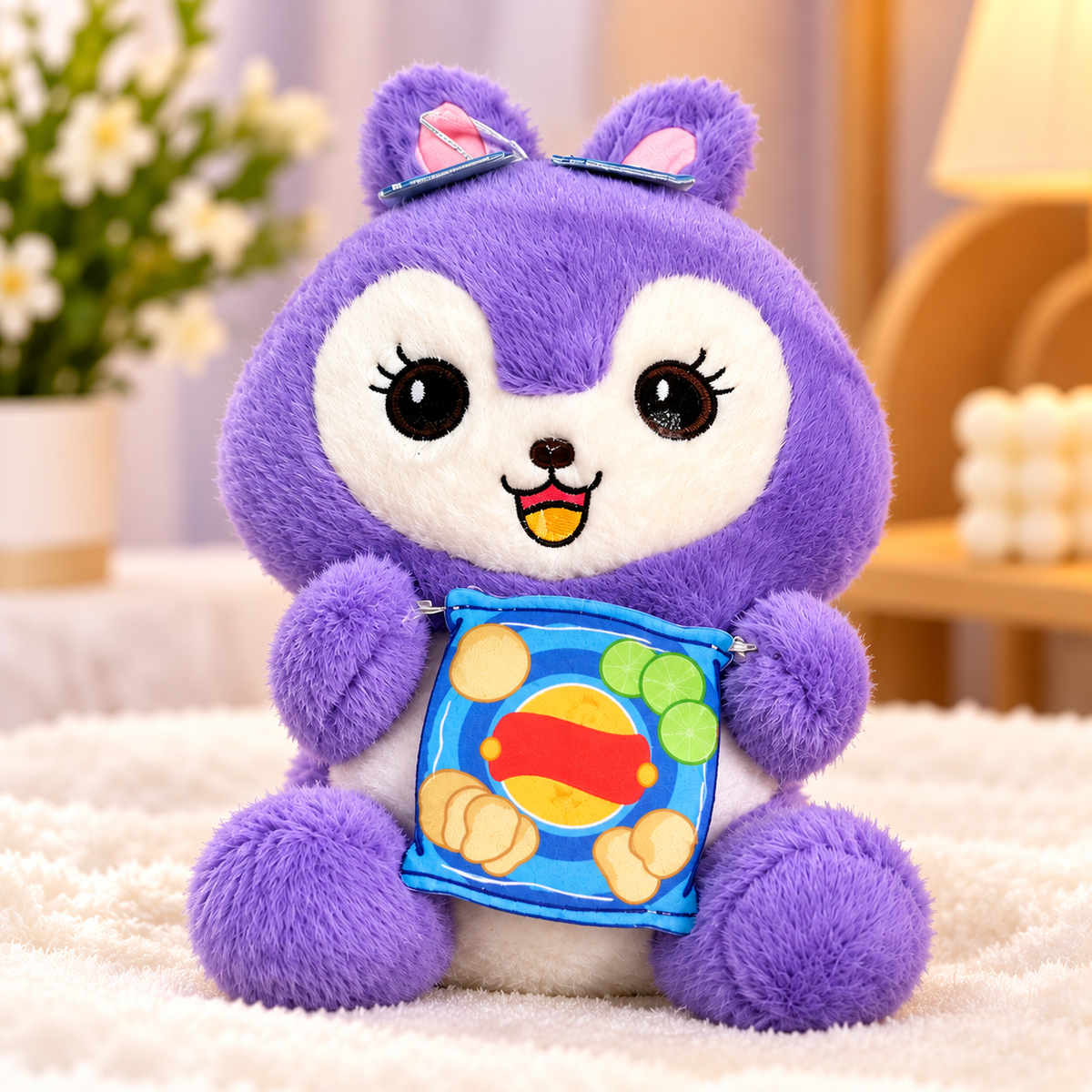 Cute Purple Plush Toy Holding Potato Chips Snack Bag – Ultra-Soft Stuffed Animal Doll for Kids & Plushie Collector