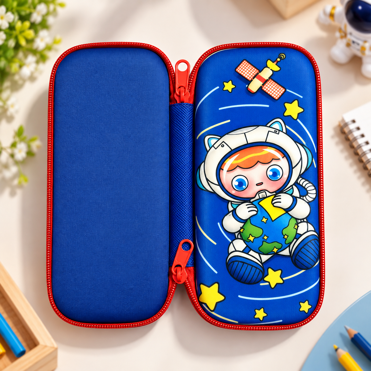 Kids Astronaut Space Theme Hard Shell Pencil Case – Blue Multipurpose Zipper Stationery Organizer
