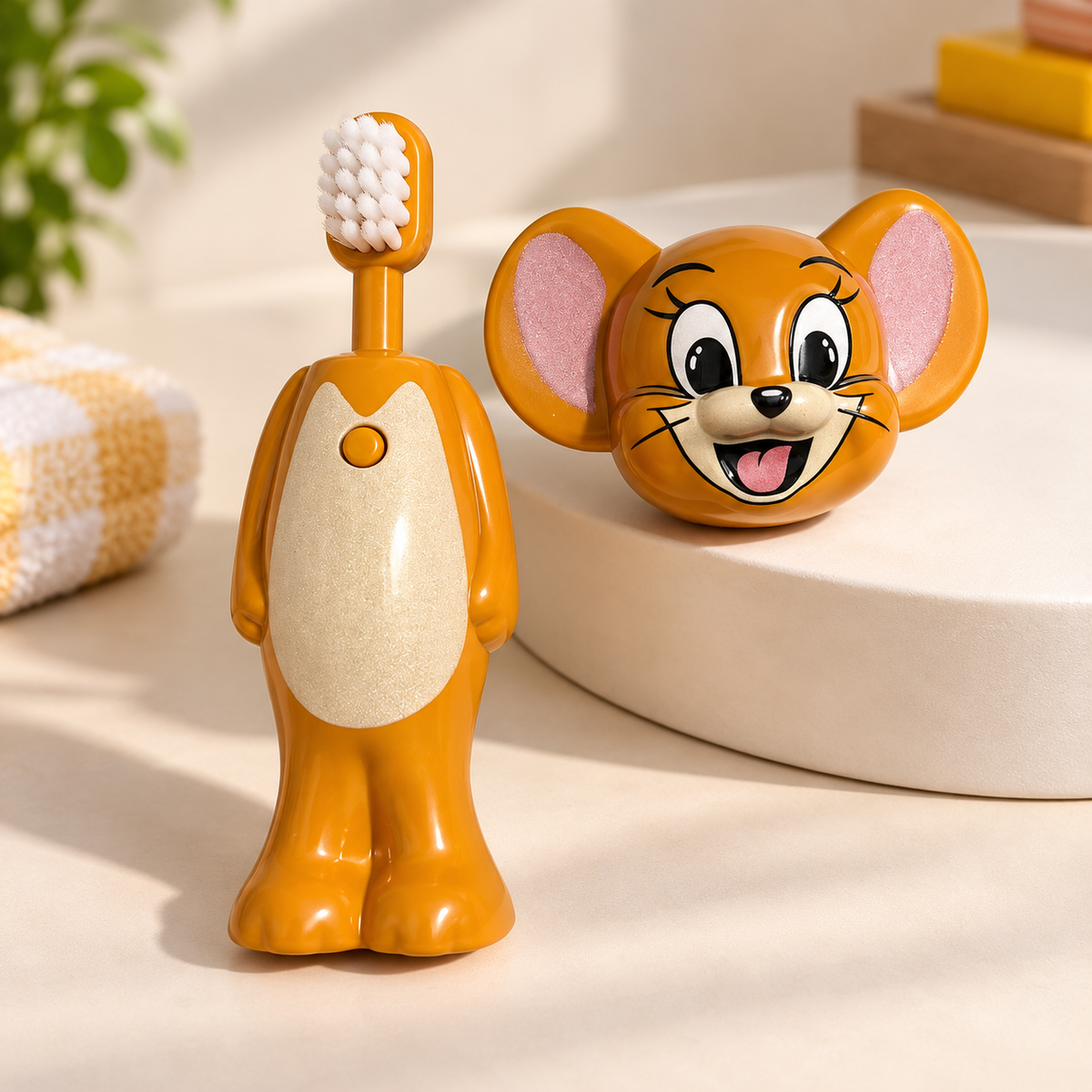 Kids Cartoon Police Toothbrush with Animal-Shaped Protective Cover Yellow