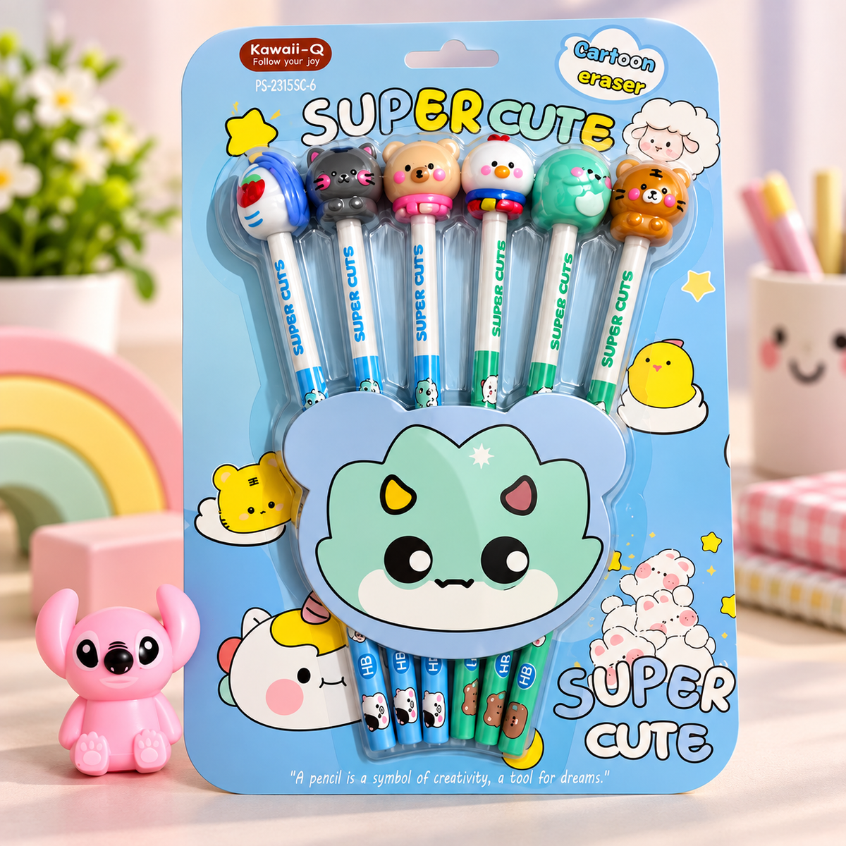 Super Cute Cartoon HB Pencil Set with Character Toppers & Eraser – 6 Pencils