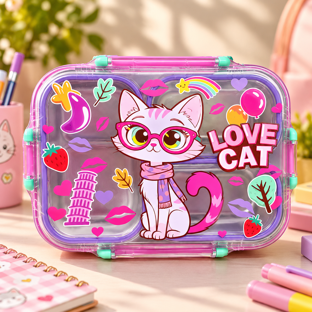 Love Cat Kids Lunch Box – Cute Transparent Cartoon Lunchbox
