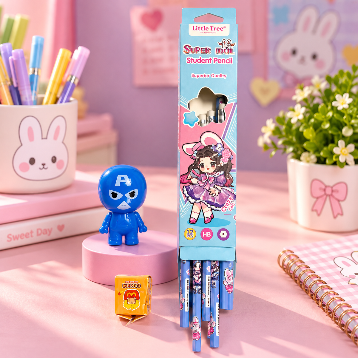 Little Tree Super Idol HB Student Pencils – 12 Pcs Cartoon Pencil Set