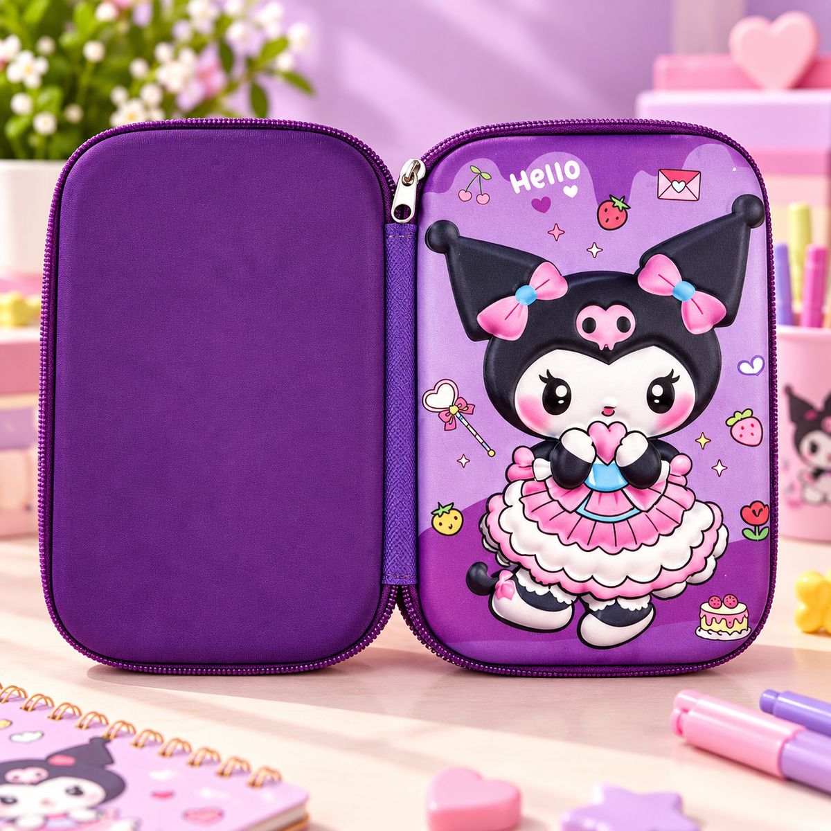 Purple Kawaii 3D Character Hardtop Pencil Case – Zipper Stationery Organizer