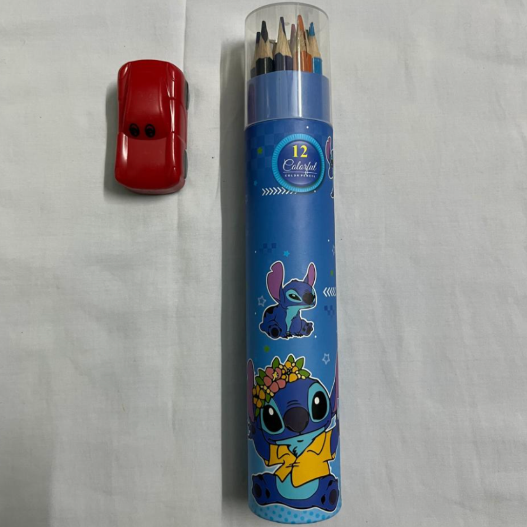 Disney Stitch 12 Colorful Pencils Tube Set – Kids Travel Colouring & Sketching Pack[