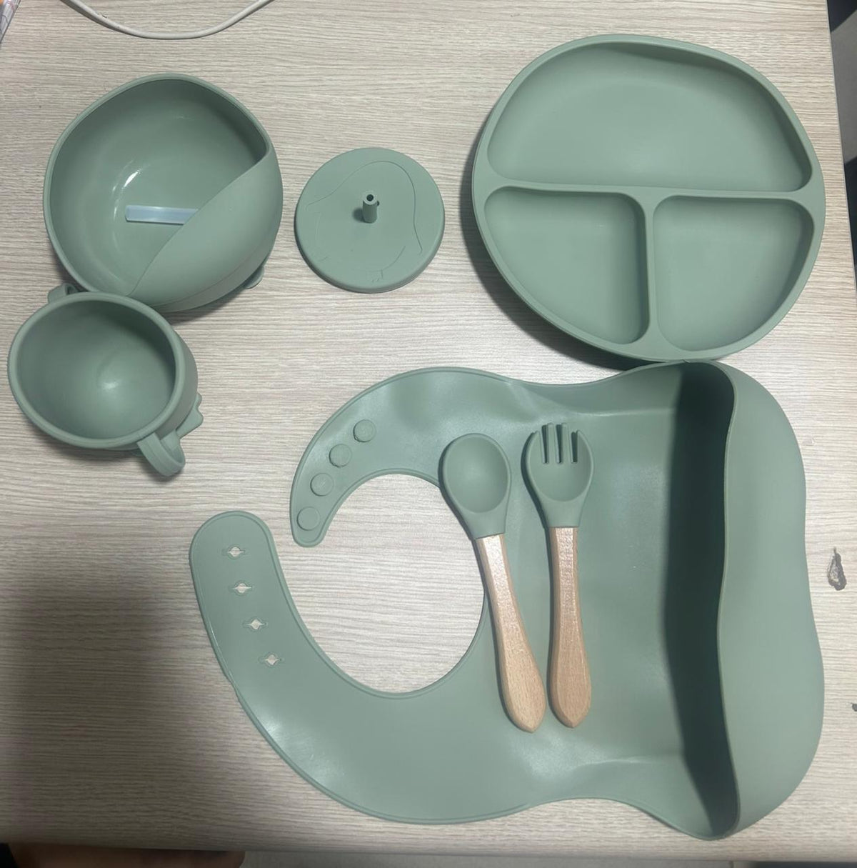 Sage Green Silicone Baby Feeding Set – 7-Piece Mealtime Essentials